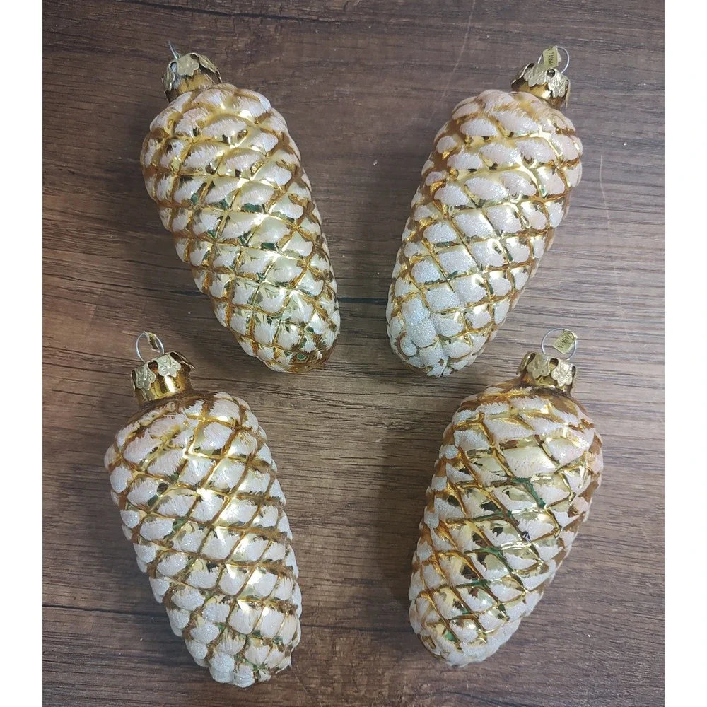 Glass Glitter Snow Covered Gold White Pink Pinecones Ornaments 3